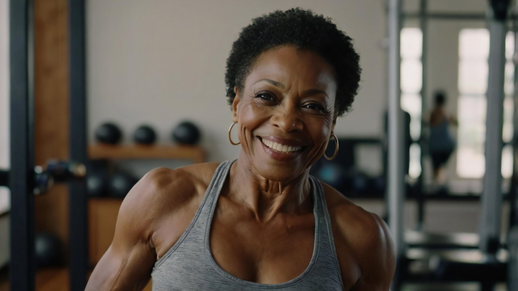 A strong woman smiling in a gym